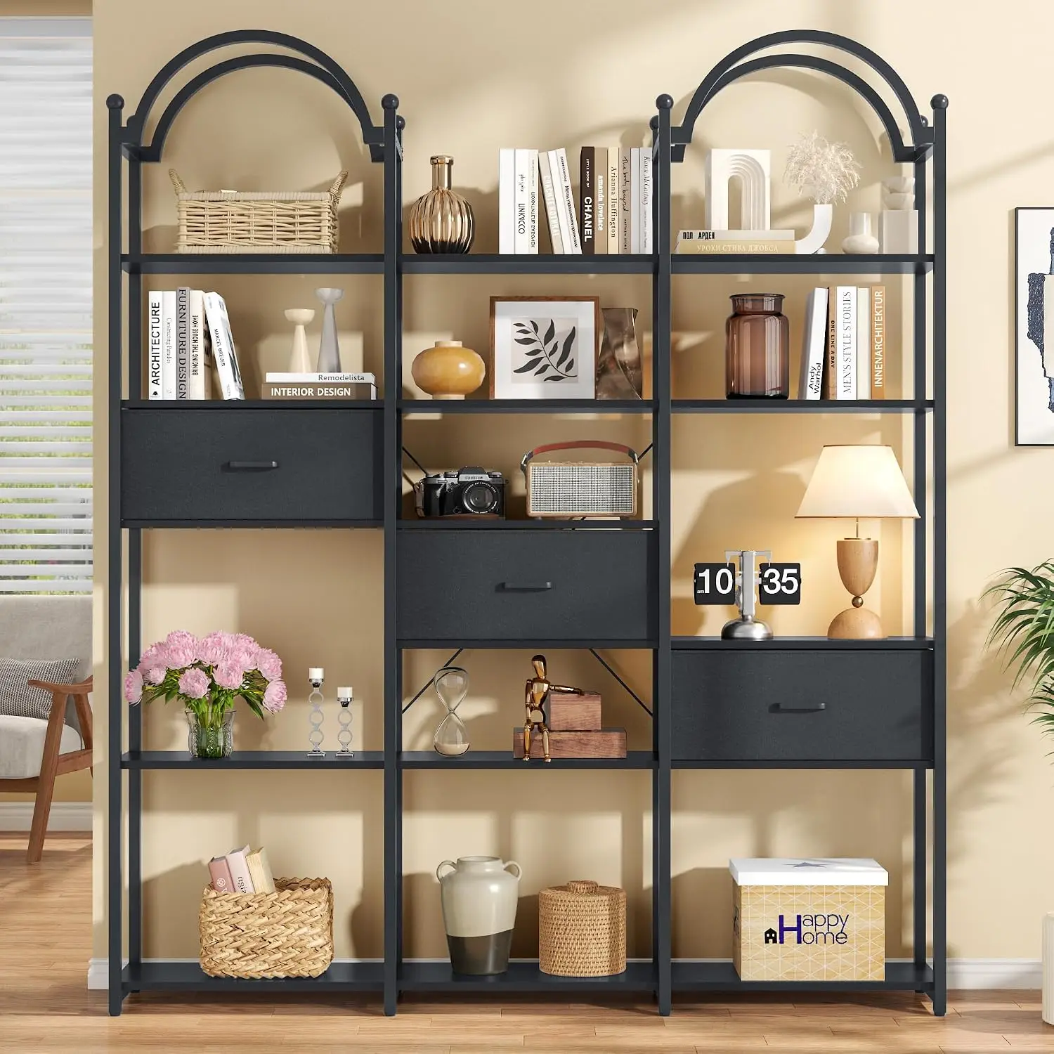 83.5 Inch Tall Arched Bookshelf Triple Wide 6 Tier Large Open Book Shelf 3 Drawer Storage Etagere Bookcase Display Shelf Industr