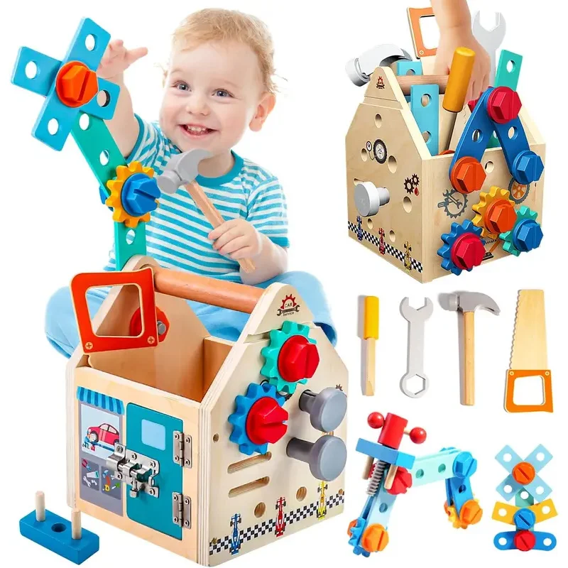 Wooden Toys Pretend Play Tools Construction Nut Screw Disassembly Assembly Toolbox  Educational Toys for Boy