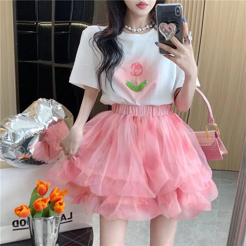 

2 Peices Set Women Suits with Skirt Korean Fashion Short Sleeve T Shirt Top and High Waist Tutu Mini Skirts Womens Outfits Q07