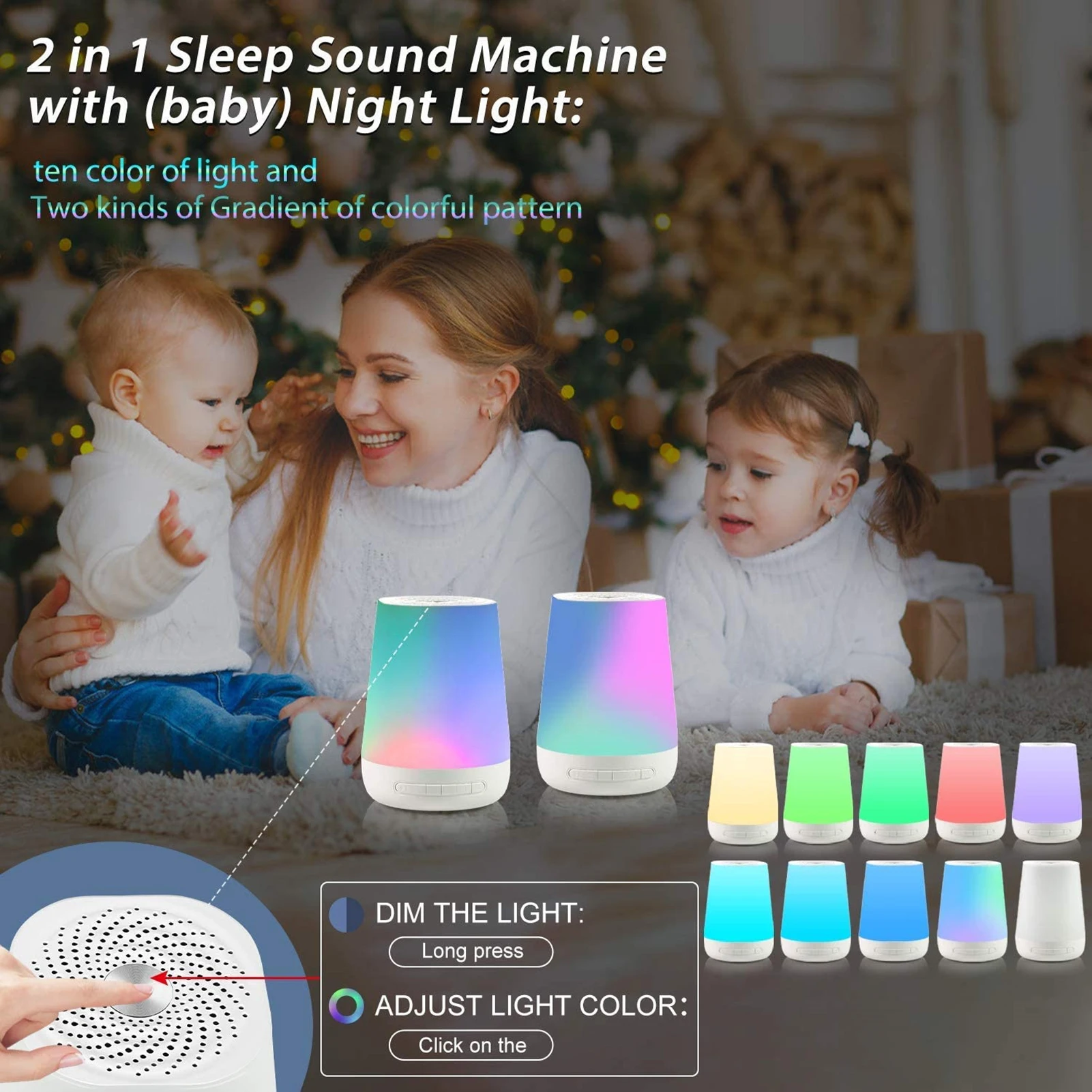 Smart White Noise Machine Baby Sleep Sound Machine Colorful Night Lights 34 Soothing Sounds 30min/60min/90min Timer APP Control