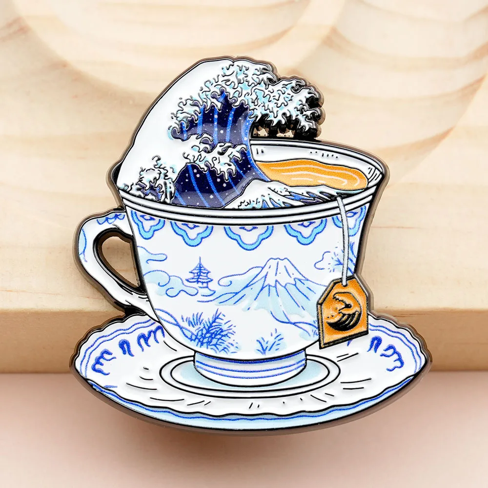 Kanagawa Surfing Tea Cup Badge Katsushika Hokusai Art Drawing Inspiration Brooch Fan Enthusiast Gift Collection