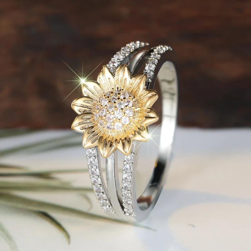 خاتم مرصع بالزركونيا المكعبة بتصميم عباد الشمس الأنيق، مناسب للحفلات والارتداء اليومي ومجوهرات الأزياء النسائية #5