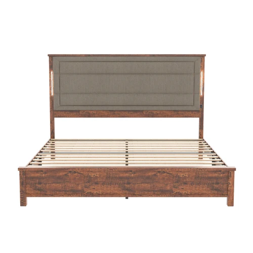 إطار سرير بحجم كينج مع لوح رأسي منجد، وإطار سرير كينج مع قاعدة شحن وأضواء LED، وشرائح خشبية