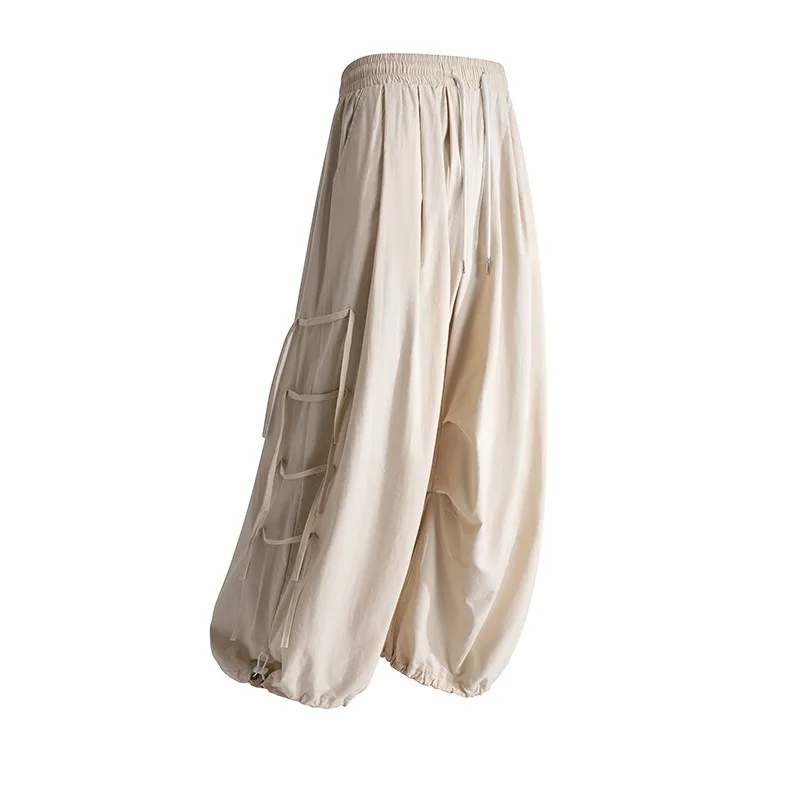 

Men's Elastic Waist Drawstring Parachute Pants With Side Straps Loose Fit Baggy Cargo Trousers