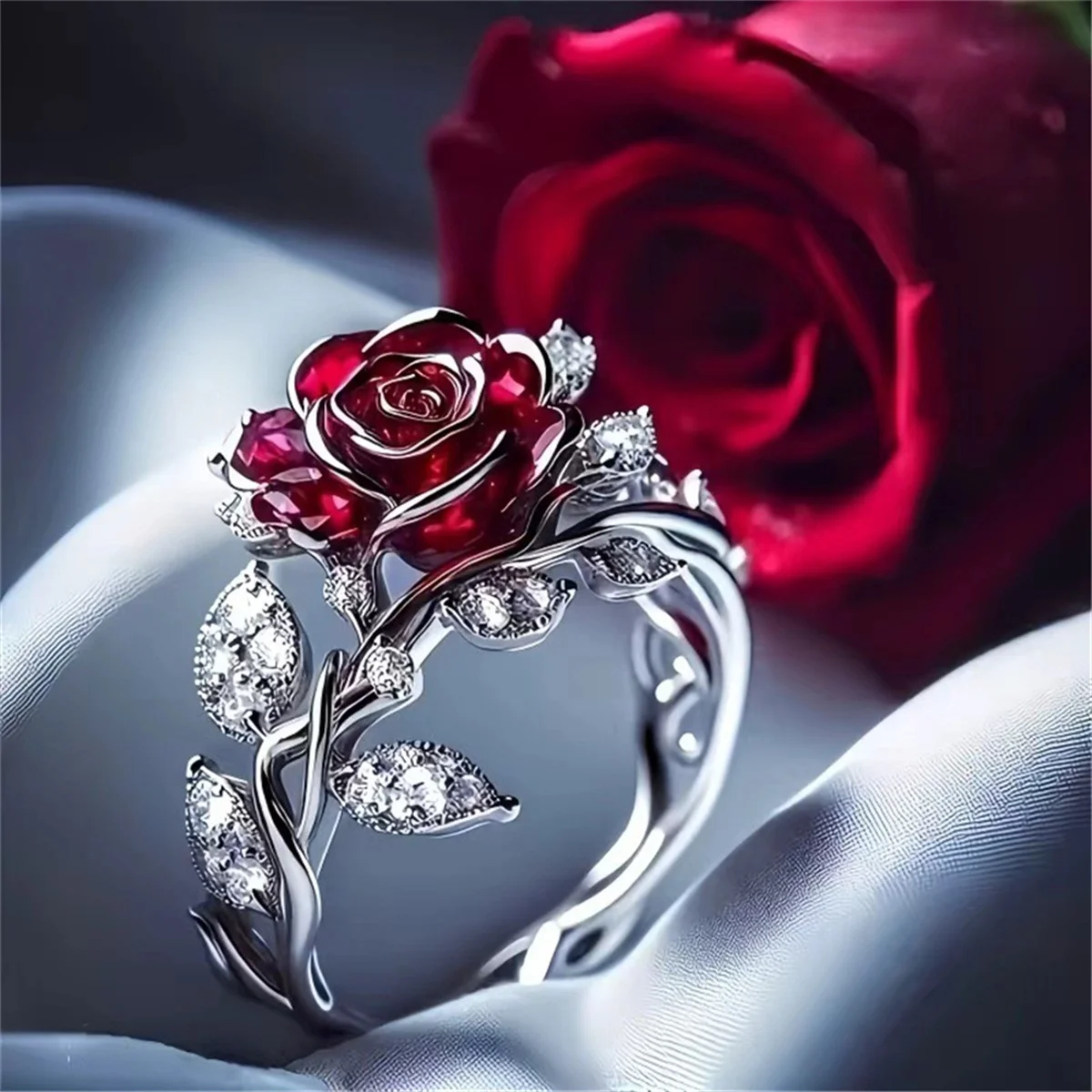 Women's Exquisite Luxury Rose Flower Ring, Red & White Zircon