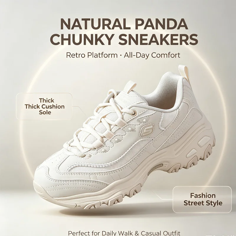 

Skechers Women D'Lites 1.0 Natural Panda Chunky Sneakers Platform Sole Light Cushion Fashion Street Casual Shoes 896189-NAT