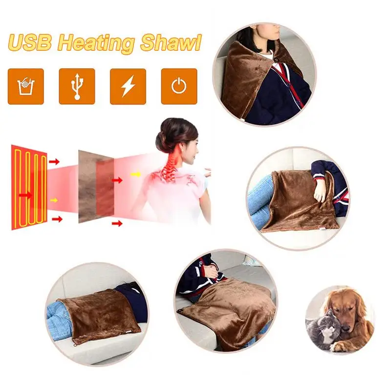 USB Electric Heating Blanket Heated Warm Shawl 3 Gear Adjust Flannel Throw Blanket Winter Heats Up Quickly Heated Cape Pad