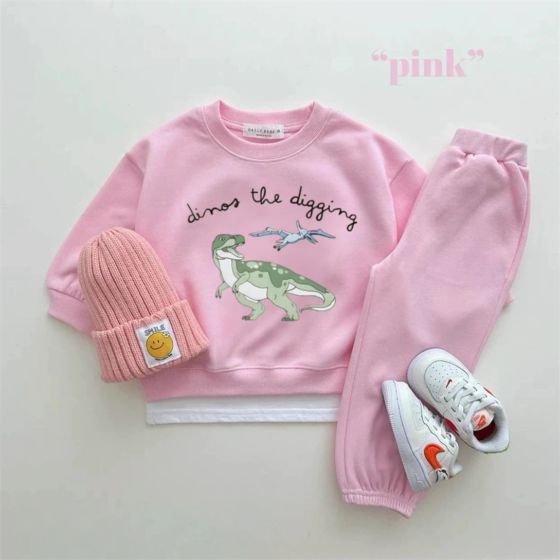 Sudaderas con dibujos de dinosaurios, conjunto de 2 piezas, disfraz de primavera y otoño para niños y niñas, camisetas con cuello redondo, ropa para bebés