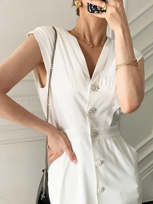 Ele Chic Vintage Single-Button V-Ne Plissee Svel Dr Damen Hohe Taille A-Linie Lang Dr Pendeln Sle