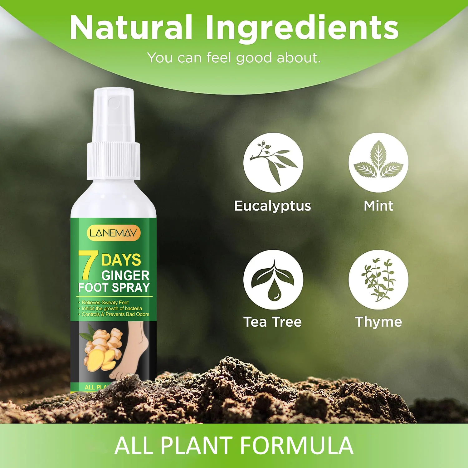 7 Days Ginger Foot Spray with Eucalyptus, Mint, Tea Tree & Thyme – Natural Plant Formula for Fresh Sweaty Feet.
