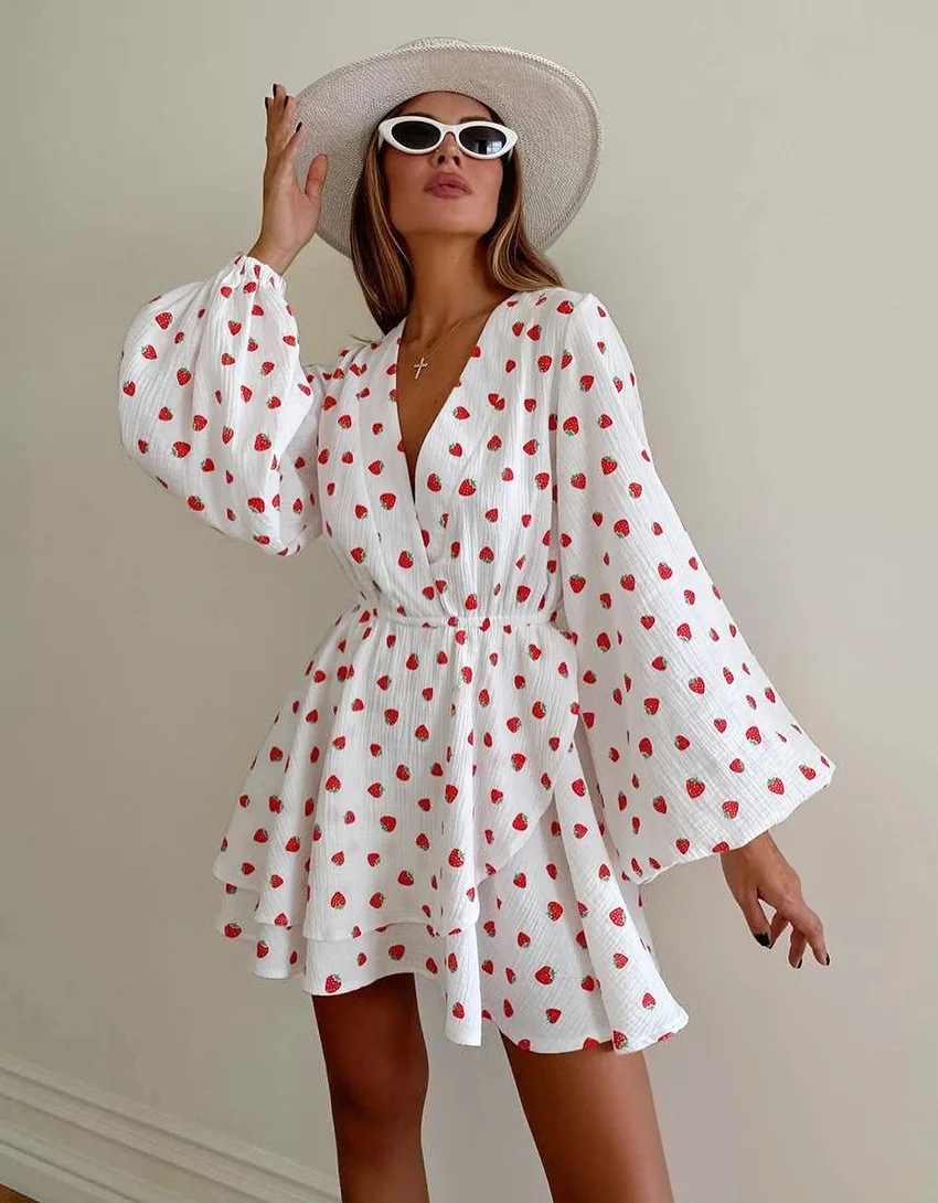 Printing Strawberry Elegant Women Dress Lantern Sleeves Wrape Lace-Up Mini Dress Vacation 2025 Female Casual Dress