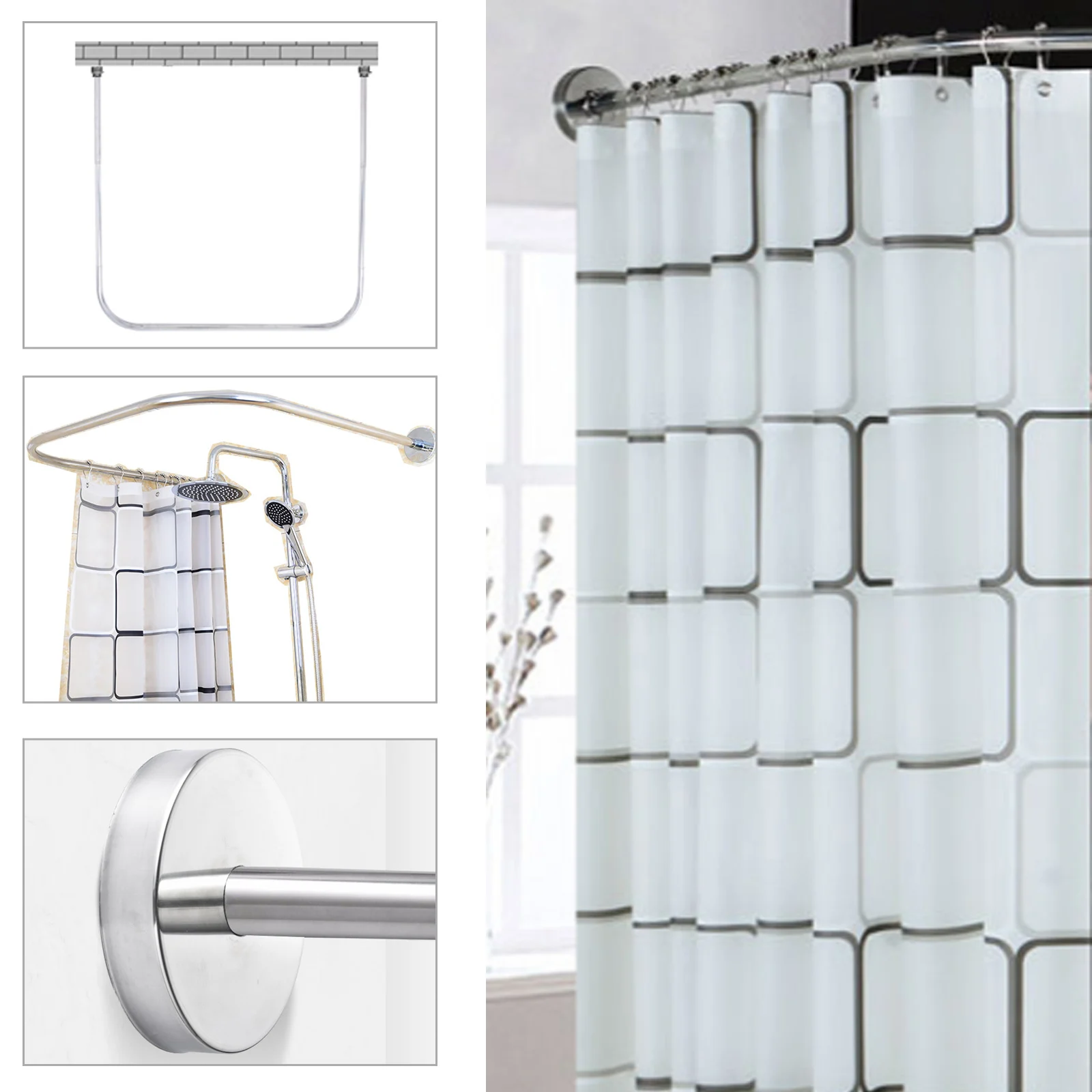 Gorden mandi bentuk U, batang tirai mandi Stainless Steel, Set batang tirai dapat disesuaikan untuk kamar mandi