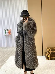 Winter New Ladies 100% Natural Fox Fur Coat With Stripes Long Cardigan Luxury Elegant Plus size Clothes Coat Can Be Customized