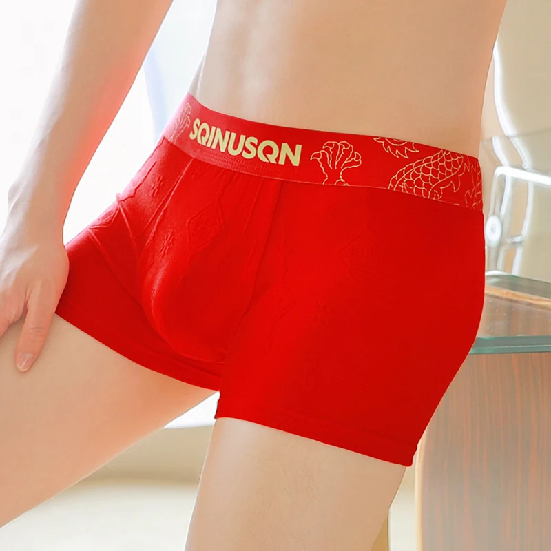 

Men's Underwear 3-Pack - 96% Cotton 4% Spandex with Golden Dragon Embroidery, Chinese Style Lucky Red Boxer Shorts