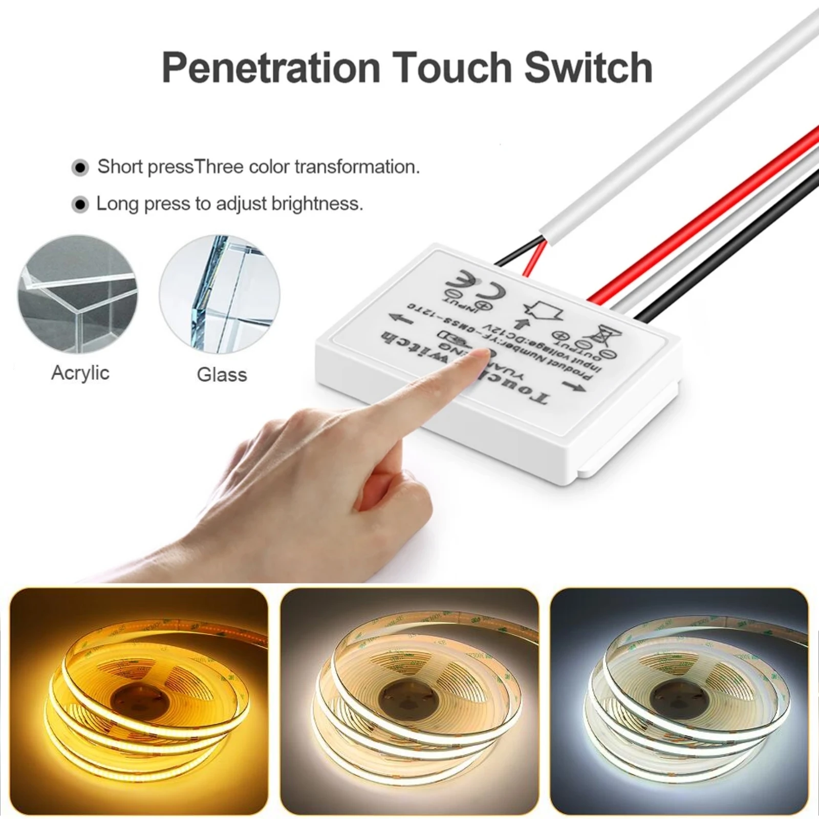 DC12V 24V CCT COB LED Strip With Touch RF Remote Control 2700K to 6500K Changeable Linear Tape 608 LEDs/m Flexible COB LED Tape