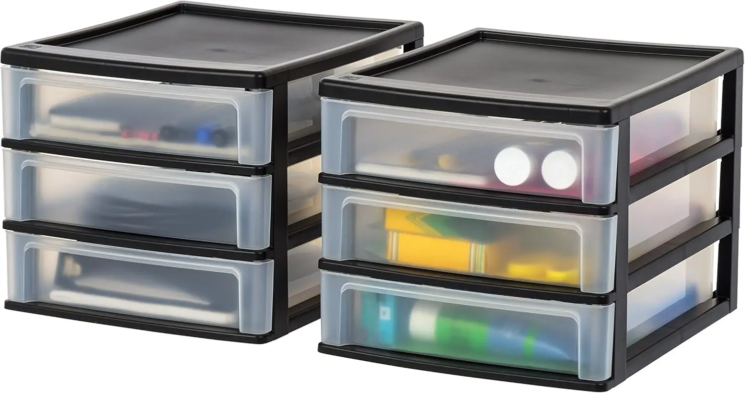 

Plastic Stacking 3-Drawer Organizer, 2-Pack, Medium, Black, for Makeup, Office, Kitchen, Bathroom, Craft Supplies