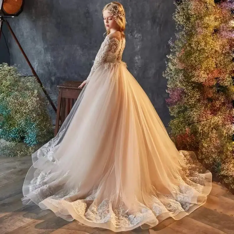 

Champagne White Pattern Appliques Long Sleeve For Wedding Birthday Party Banquet Princess GownsCustomized Flower Girl Dresses Cu