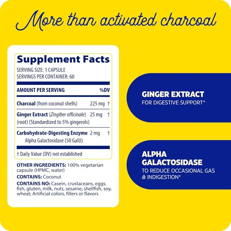 Activated Carbon, Bloating and Indigestion, Supports Natural Detoxification, 60 Capsules