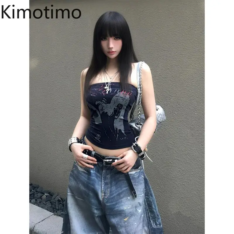 Kimotimo Summer Print Strapless Vest Women American Retro Street Spicy Girl Outerwear Slim Crop Top Punk Y2k Aesthetic Tanks Ins