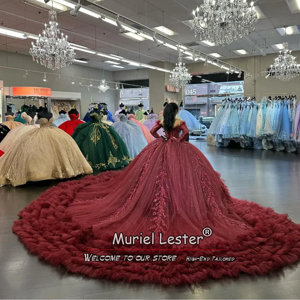 Burgundy Quinceanera Dresses With Long Tiered Train Custom Made Long Sleeves Lace Up Design Sweet 16 Princess  Vestidos De 15