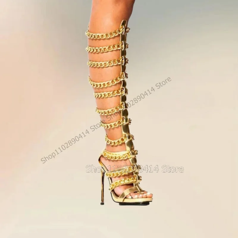 Gold Chain Hollow Design Open Toe Sandals Boots Back Zipper Women Shoes Thin High Heels Fashion Party 2023 Zapatos Para Mujere