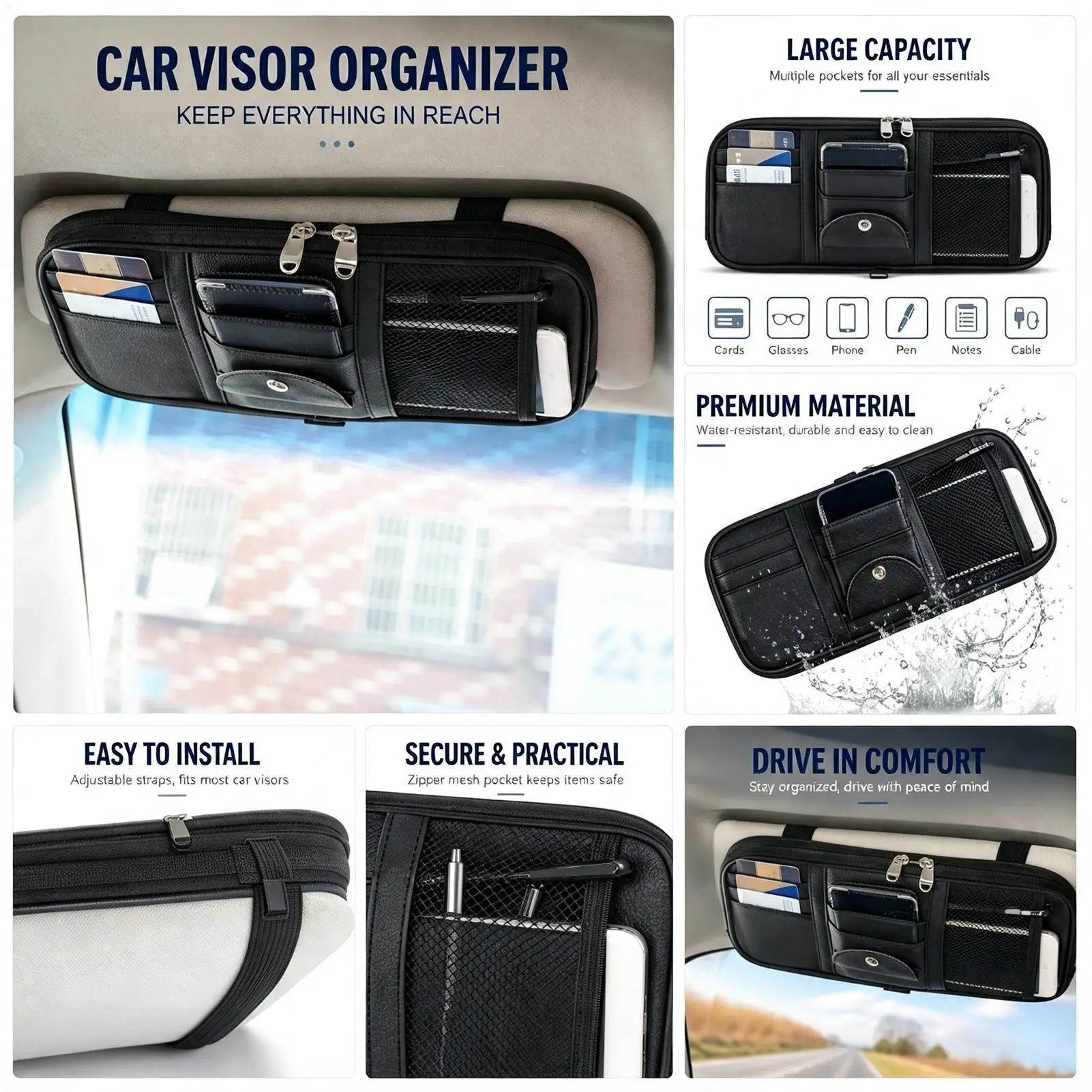 Car Sun Visor Organizer PU Leather Multi-Pocket Universal Zipper Bag Car Storage Organizers For Vehicle Interior Registration