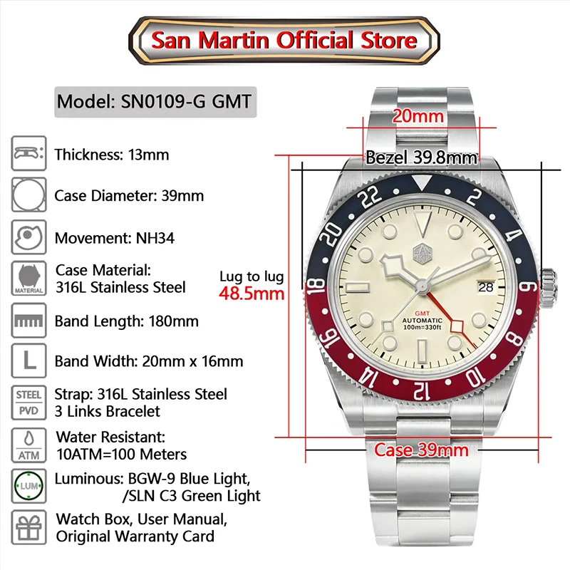 San Martin 2024 New 39.5mm NH34 GMT Men Automatic watch Luxury Sapphire 100M Waterproof Stainless steel Mechanical watch For men