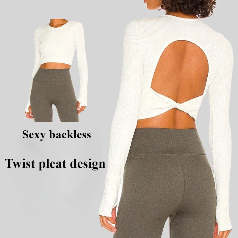

New Sexy Backless Gym Top Women Fitness Quick Dry Sportswear Women Workout Top Long Sleeve Yoga Clothes With chest pads