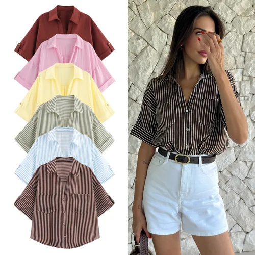 Imagen 1 del producto UNIZERA Camisa informal de mezcla de lino con cuello de manga ancha para mujer, diseño minimalista versátil, Top corto para ir al trabajo de verano