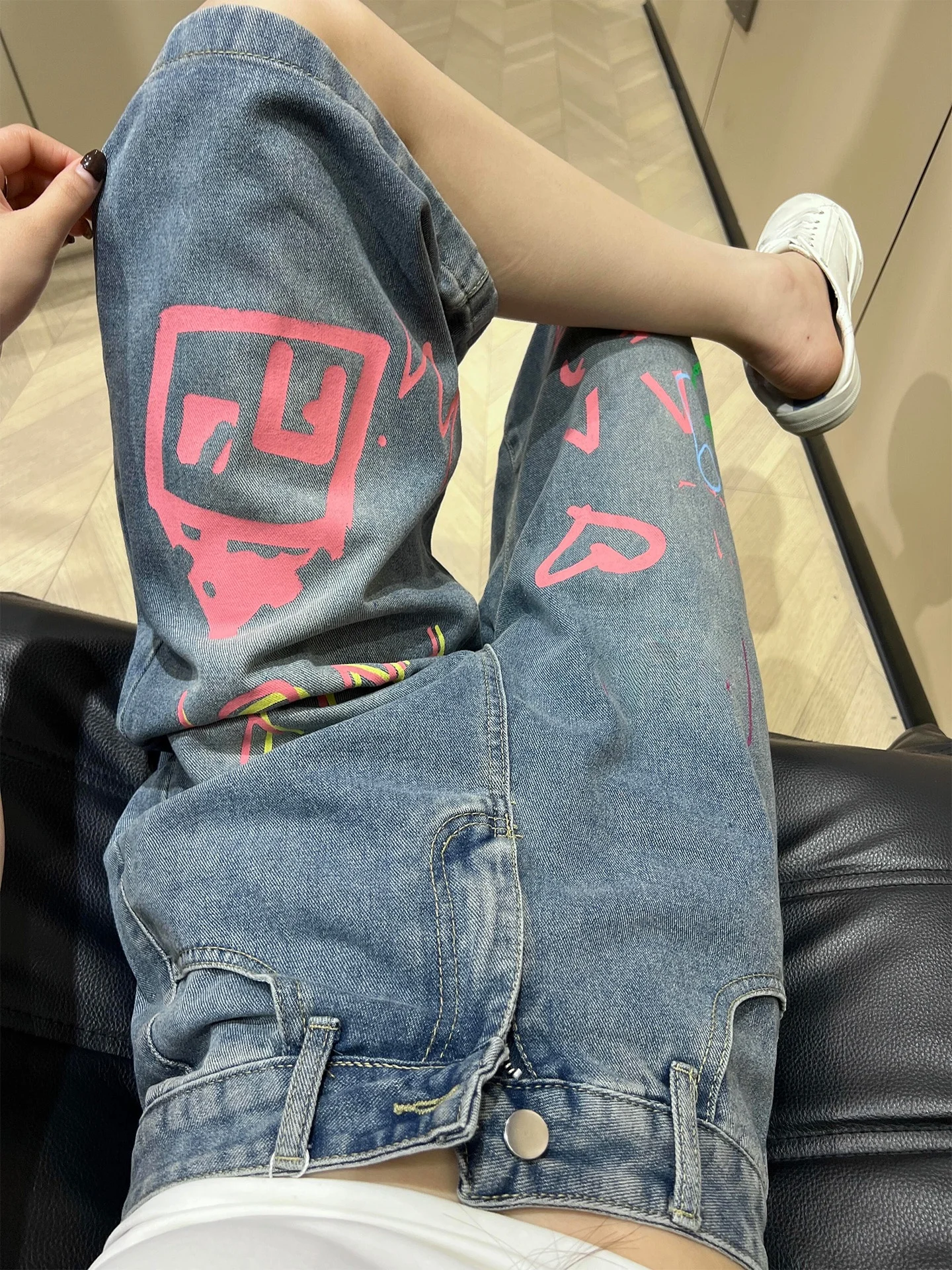 

plus Size fiti Denim orts Women's Lazy Sle High Waist Wide Leg Jeans Spring Summer New Arrival Vintage Painted 7/8 Le...