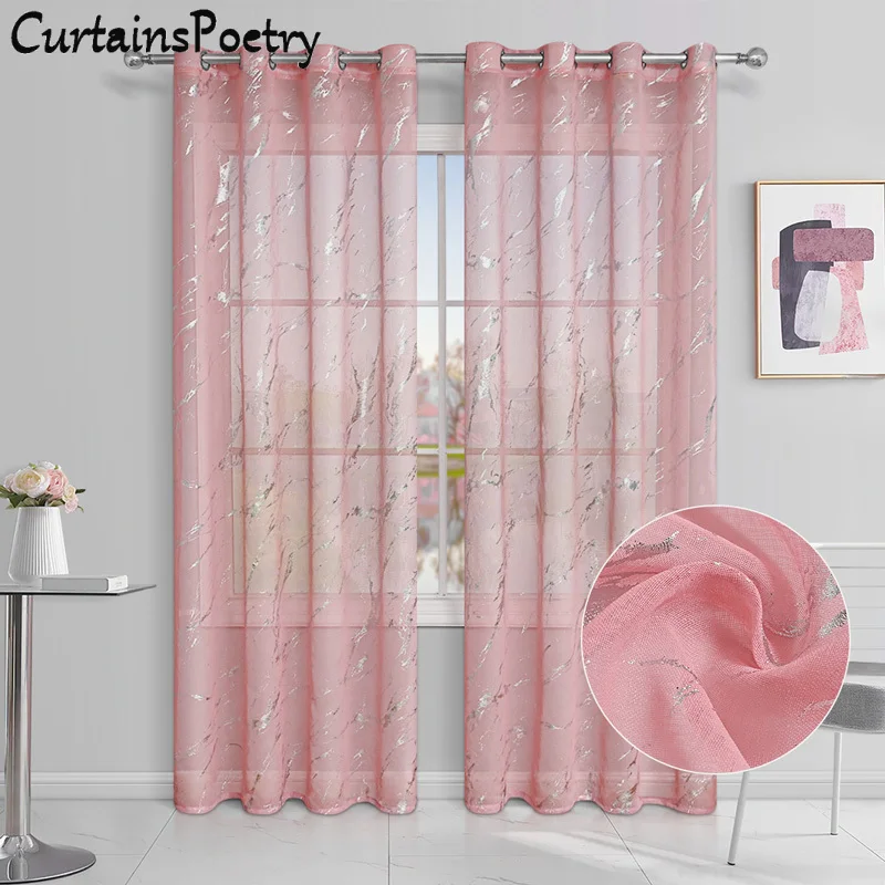 Cortinas transparentes de gasa con estampado de lámina plateada, cortinas superiores con ojales de mimbre para ventana, paneles de tratamiento bronceados metálicos de lujo para decoración del hogar