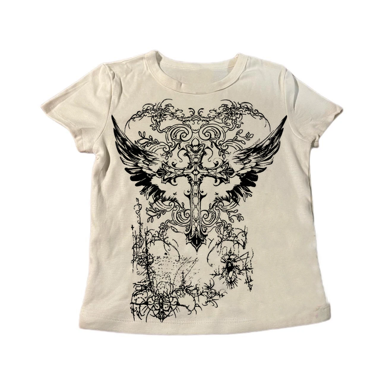 Dunkles Grunge-Damen-Langarm-T-Shirt mit Gothic-Flügel-Kreuz-Vintage-Muster, Y2K Slim Fit, weißes, kurz geschnittenes Oberteil – Detail 5