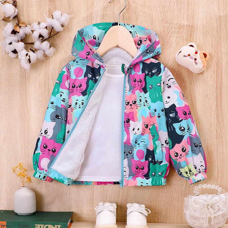 Autumn Jacket for Girls Coats Hooded Cat Pattern Baby Girls Clothes Outerwear Kid Sports Windproof Jacket Toddler Winter Clothes