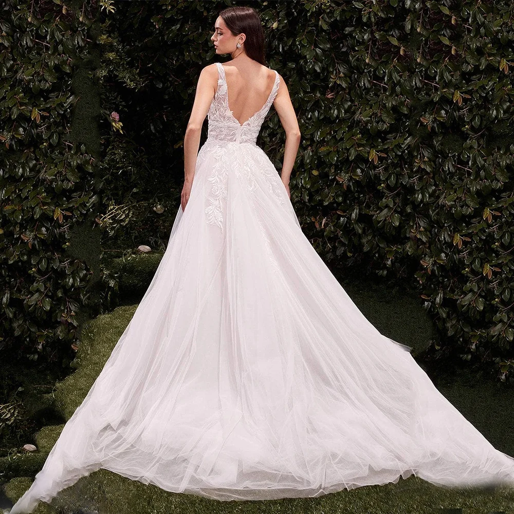 SUKIENKA FORU Elegancka, seksowna suknia ślubna z tiulu do ziemi, bez pleców, na ramiączkach spaghetti, suknia na bal, suknia wieczorowa, szyta na miarę