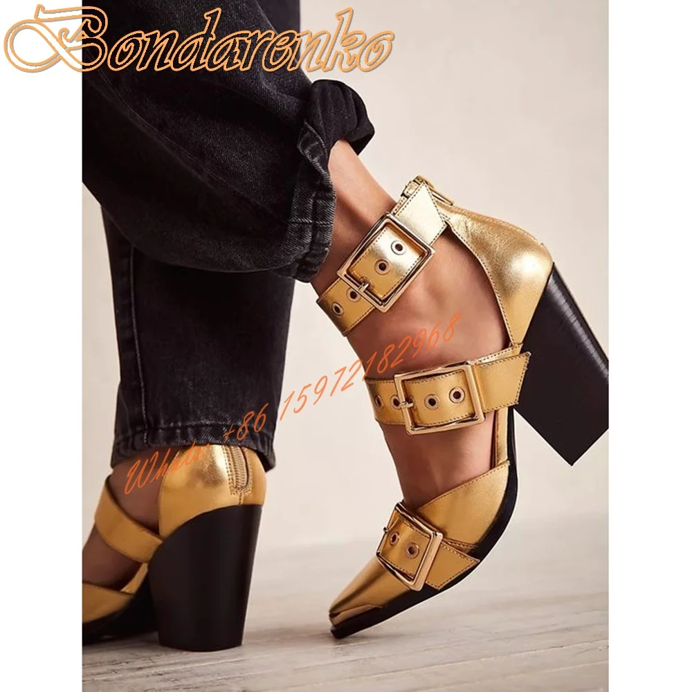 Belt Buckles Chuny Heels Pumps Pointy Toe Straps Rivet Hollow Solid Women Dress Shoes Leather Sexy Designer Pumps Spring Autumn