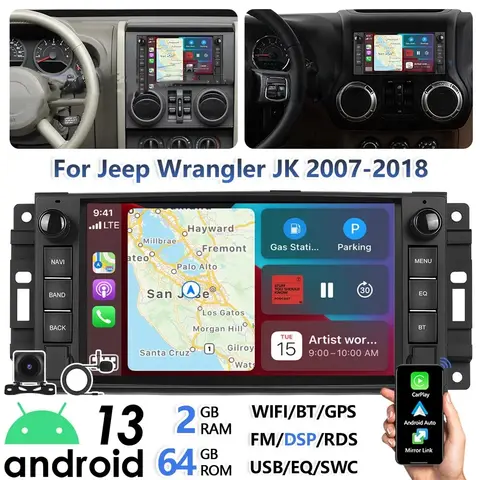 7 pouces nouvelle qualité autoradio CarPlay Android 13 (2 + 64G) pour Jeep Wrangler JK 2007-2018 GPS BT Radio avec caméra