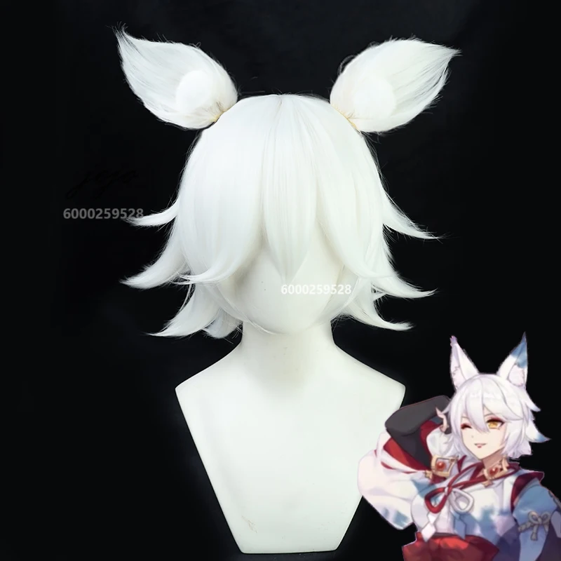 

Game Genshin Impact Kitsune Saiguu Cosplay Wig White Highlights with Ears Wig Halloween Christmas Party Women Essential Wigs Cap