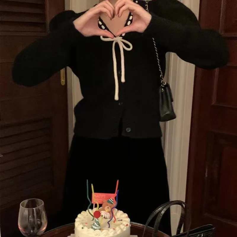 春と秋の甘い小さな香りのスタイル蝶ネクタイ V ネックルーズ多用途長袖ニットカーディガンセーター