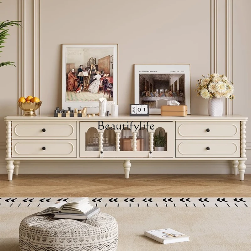 

French cream style white solid wood small apartment living room home TV cabinet