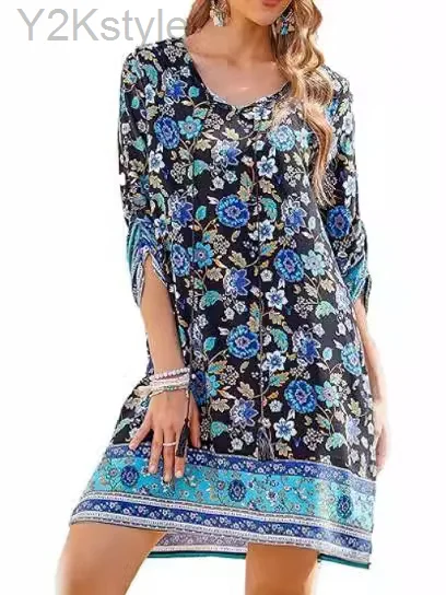 Summer Casual Holiday Floral Print Dress For Women Short Sleeve Loose A-line Dresses 2024 Beach Sundress Female