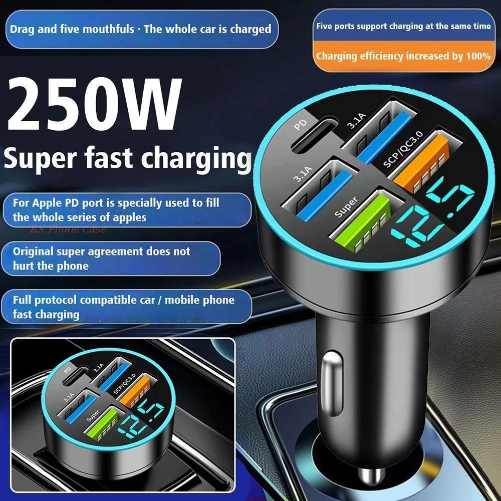 Car Charger Fast Charging 2 USB Ports Adapter For iPhone Samsung Xiaomi Quick Charging Chargers With Digital Display 250W