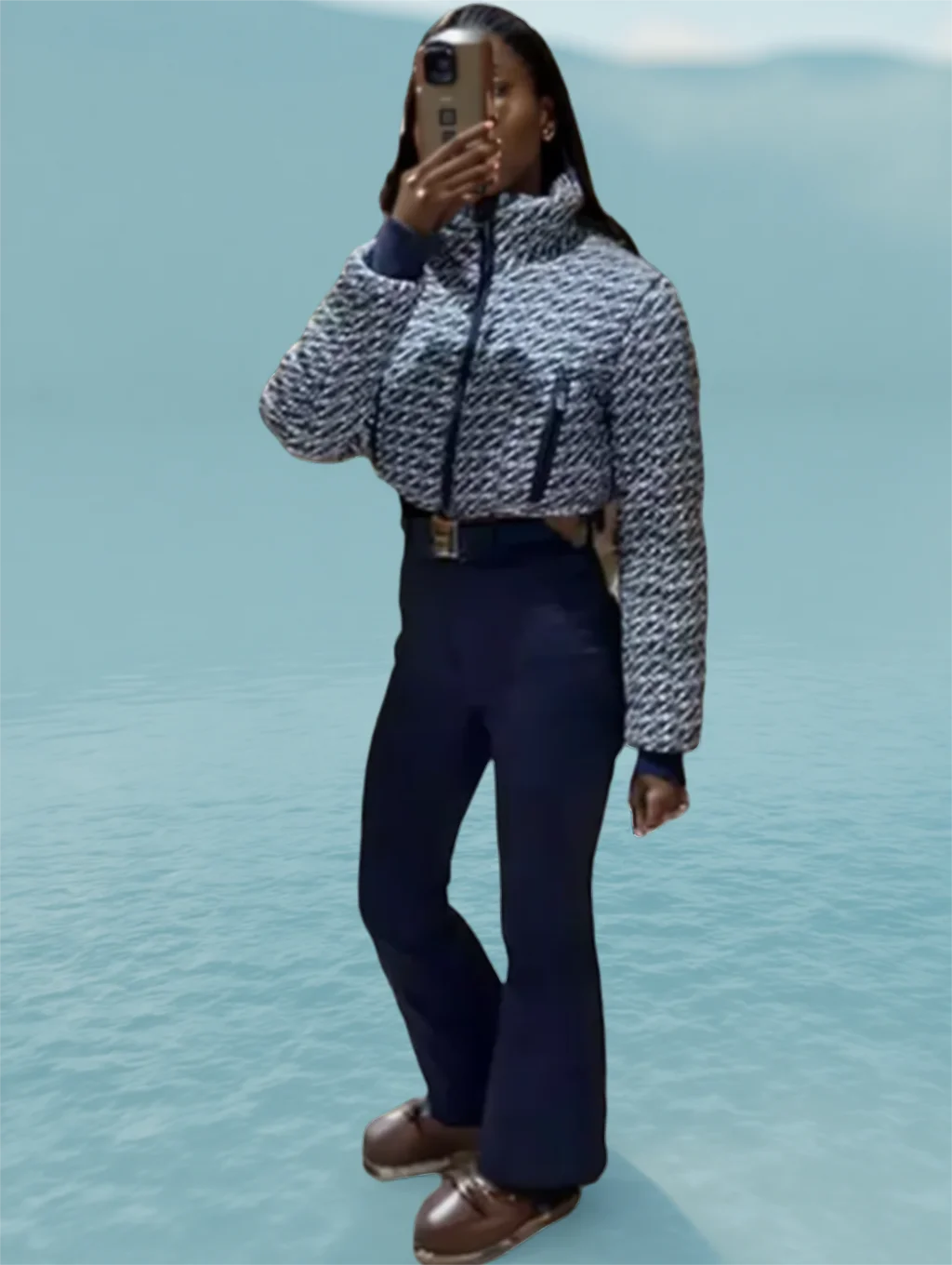 エレガントなプリント柄、厚手のレディーススキージャンプスーツ、長袖、スタンドカラー、ジッパー、ベルト付き、ロングロンパース、2026年、暖かい、ハイウエスト、女性用ロンパース