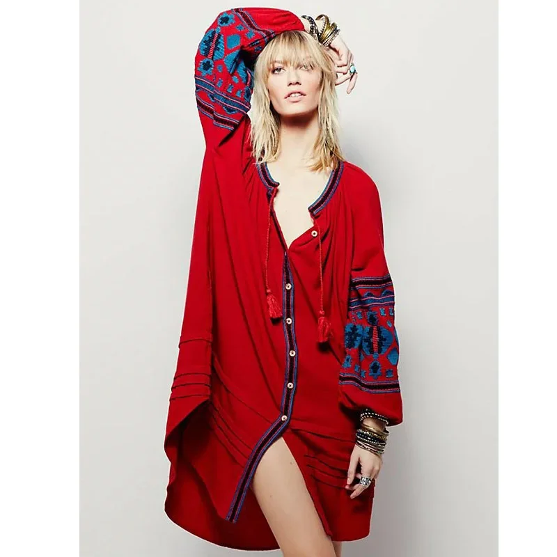 Boho Dress For Women Cotton Floral Embroidery O-neck Tassel Lantern Long Sleeve Vintage Shirt Dresses Casual Holiday Vestidos