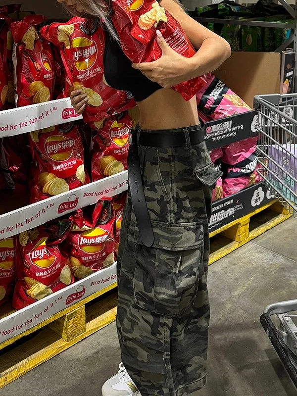 American High Street Large ket Camouflage orts décontracté ample femmes jean vêtements de travail Bootcut pantalon taille réglable