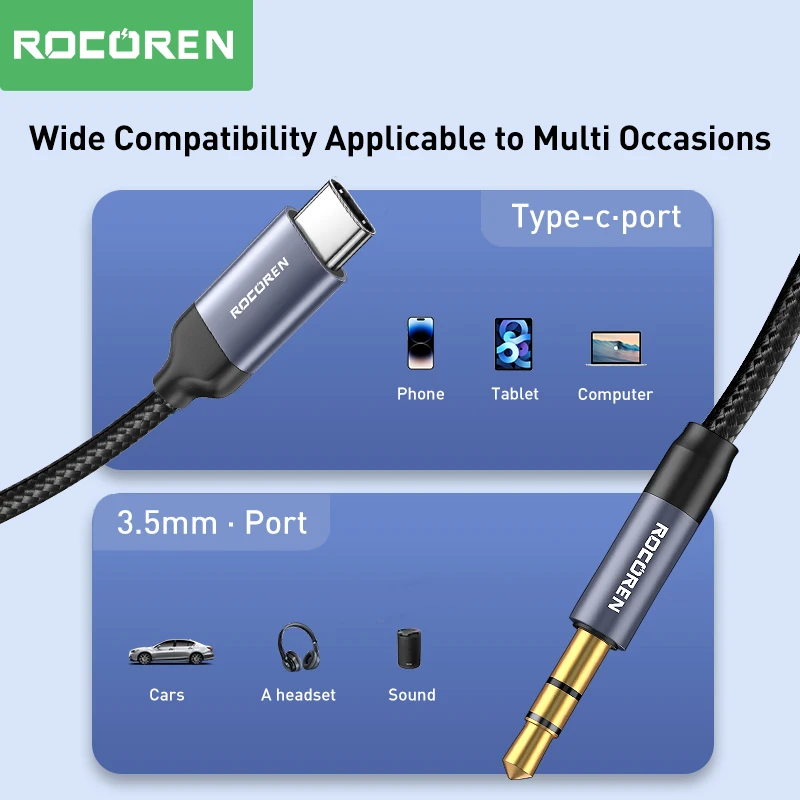 Rocoren USB Type C To 3.5mm Jack Aux Audio Cable Adapter Male To Male Headphone Plug Converter Wire For iPhone 15 Pro Max Xiaomi