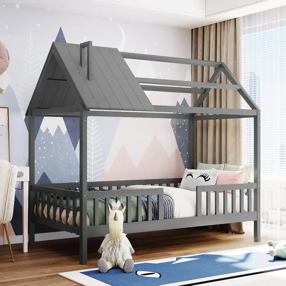

Twin House Bed for Kids,Wood Twin Bed Frame House-Shaped bed