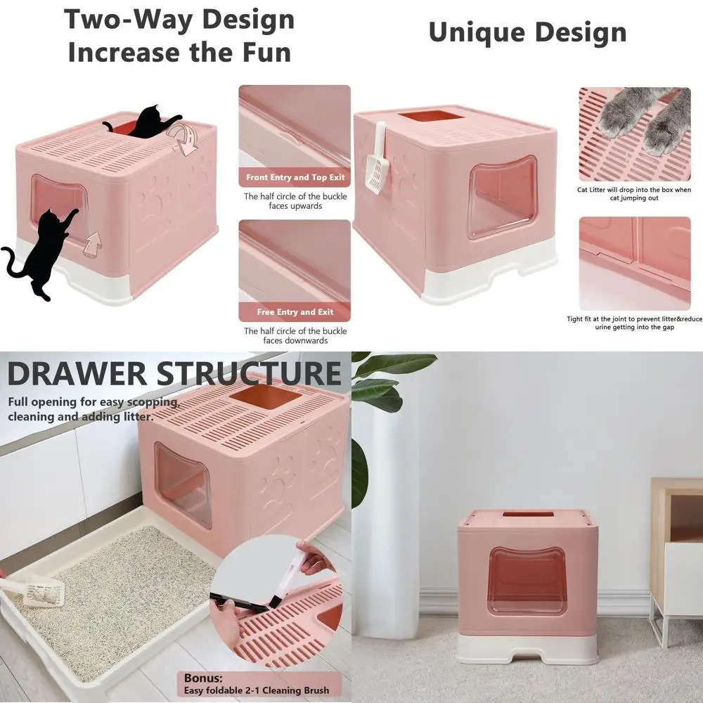 

Foldable Jumbo Cat Litter Box with Lid - Enclosed Top Entry Toilet - Anti-Splash Design - Includes Scoop & 2-in-1 Brush (Pink)