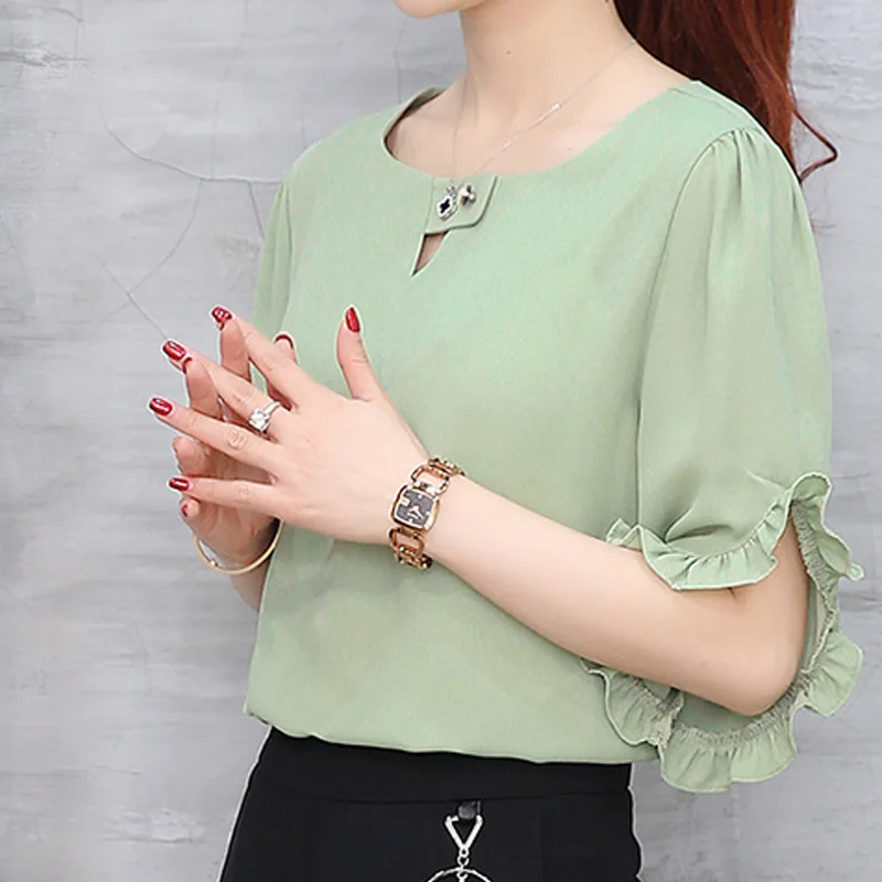 O-Neck Chiffon Ruffles Blouse Summer New Solid Color Short Sleeve All-match Thin Office Shirt Tops Elegant Fashion Women Clothes