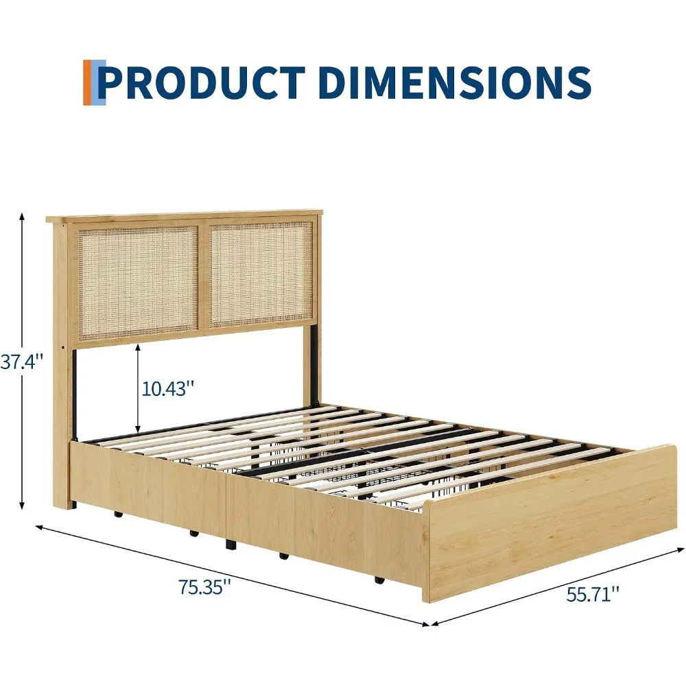 Full Rattan Bed with 4 Drawers Bohemian Headboard for Bedroom
