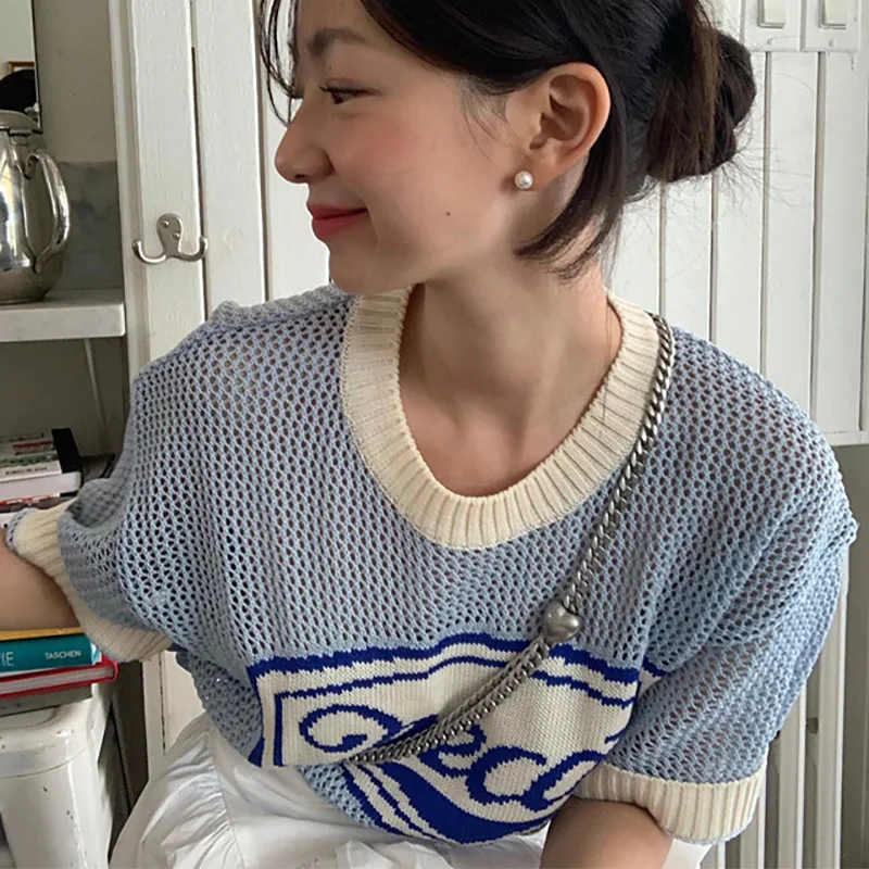 Blue Hollowed Out O-Neck Letter Short Sleeve Women\'s Pullover Top Summer T-shirt Korean Simple Sheer Loose Casual Color Clothing